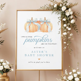 Blue Bow Pumpkin Twin Baby Shower Welcome Sign ポスター