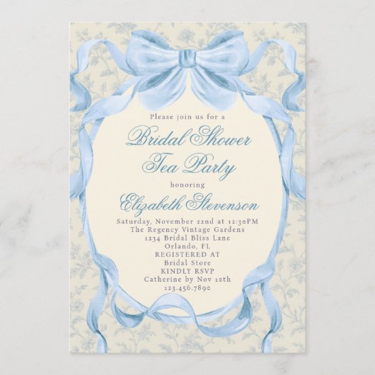 Blue Bow Regency Garden Tea Party Bridal Shower  招待状 (正面)