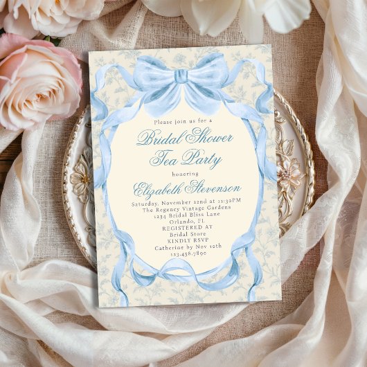Blue Bow Regency Garden Tea Party Bridal Shower  招待状