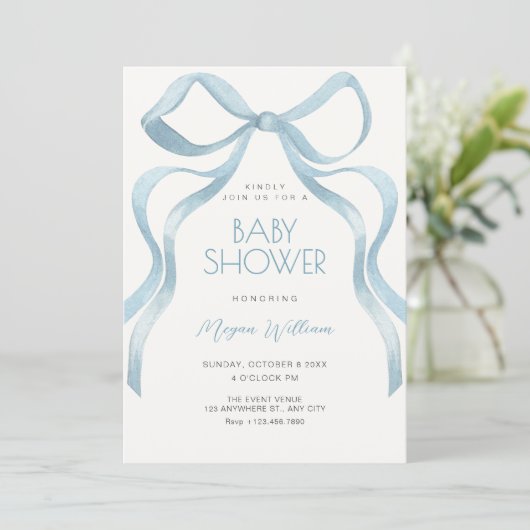 Blue Bow ribbon baby shower 招待状 (スタンド正面)
