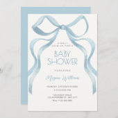 Blue Bow ribbon baby shower 招待状 (正面/裏面)
