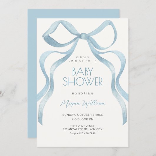 Blue Bow ribbon baby shower 招待状 (正面/裏面)