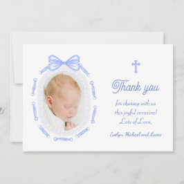 Blue Bow Ribbon Frame Baptism Thank You Card 招待状