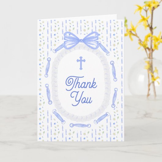 Blue Bow Ribbon Frame Floral Religious Thank You カード (黄色い花)
