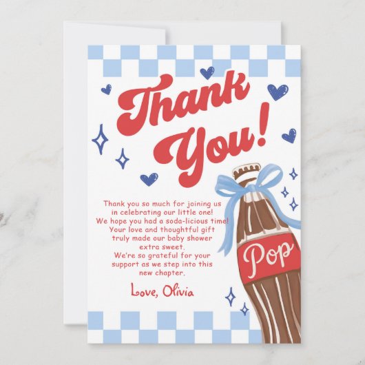 Blue Bow She's Ready to Pop Baby Shower サンキューカード (正面)