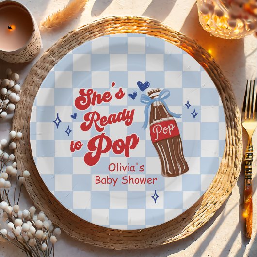 Blue Bow She's Ready to Pop Baby Shower ペーパープレート