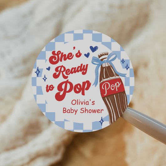 Blue Bow She's Ready to Pop Baby Shower ラウンドシール
