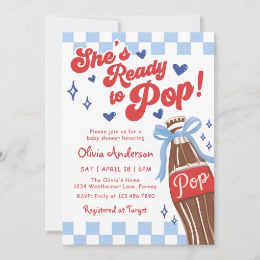 Blue Bow She's Ready to Pop Baby Shower 招待状 (正面)