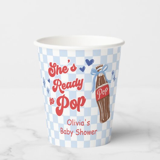 Blue Bow She's Ready to Pop Baby Shower 紙コップ (正面)