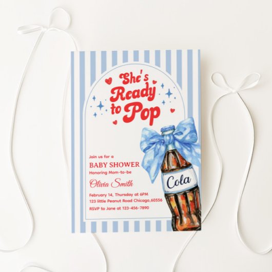 Blue Bow She's Ready to Pop Baby Shower Invitation 招待状