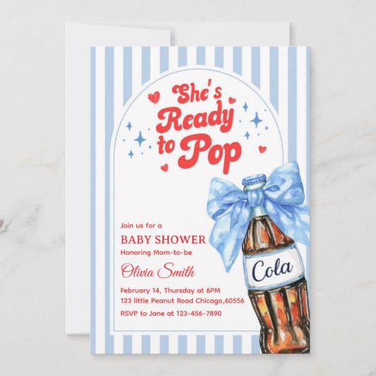 Blue Bow She's Ready to Pop Baby Shower Invitation 招待状 (正面)