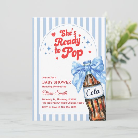 Blue Bow She's Ready to Pop Baby Shower Invitation 招待状 (スタンド正面)