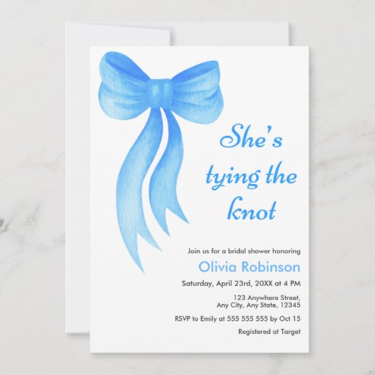 Blue Bow She's Tying the Knot Bridal Shower  招待状 (正面)