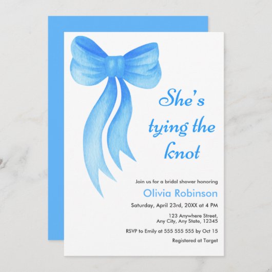 Blue Bow She's Tying the Knot Bridal Shower  招待状 (正面/裏面)