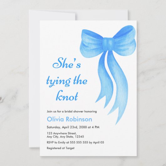 Blue Bow She's Tying the Knot Bridal Shower  招待状 (正面)