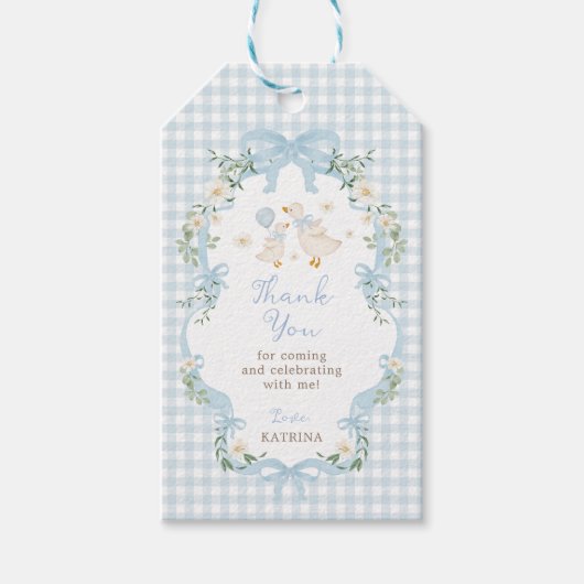 Blue Bow Silly Goose Baby Shower Thank You ギフトタグ (正面)