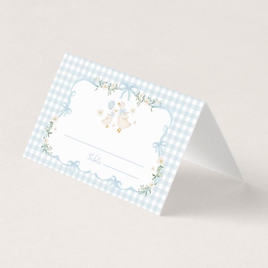 Blue Bow Silly Goose Boy Baby Shower Place Cards (正面)