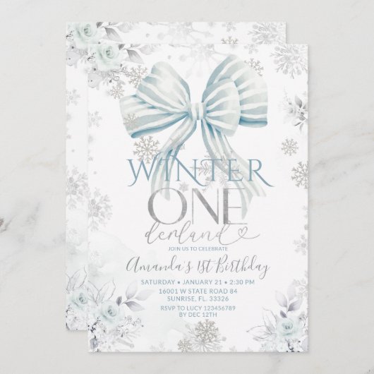 Blue Bow Silver Snow Winter Onederland Birthday 招待状 (正面/裏面)