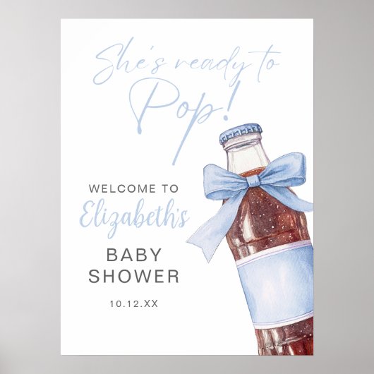 Blue Bow Soda Bottle Baby Shower Welcome Sign ポスター (正面)