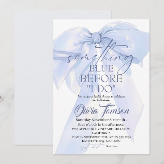 Blue Bow Something Blue Before I DO Bridal Shower 招待状 (正面/裏面)