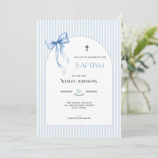 Blue Bow Striped Baptism Invitation for Boys 招待状 (スタンド正面)