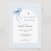 Blue Bow Striped Baptism Invitation for Boys 招待状 (正面)
