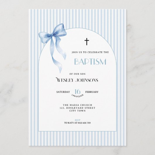 Blue Bow Striped Baptism Invitation for Boys 招待状 (正面)