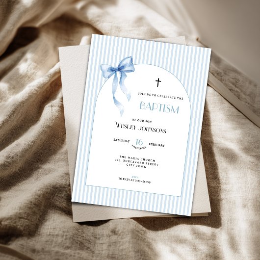 Blue Bow Striped Baptism Invitation for Boys 招待状