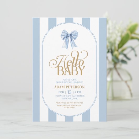 Blue Bow Stripes Elegant Baby Shower 招待状 (スタンド正面)