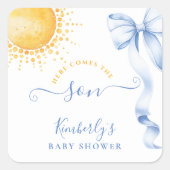 Blue Bow Sun Baby Shower Favor Sticker スクエアシール (正面)