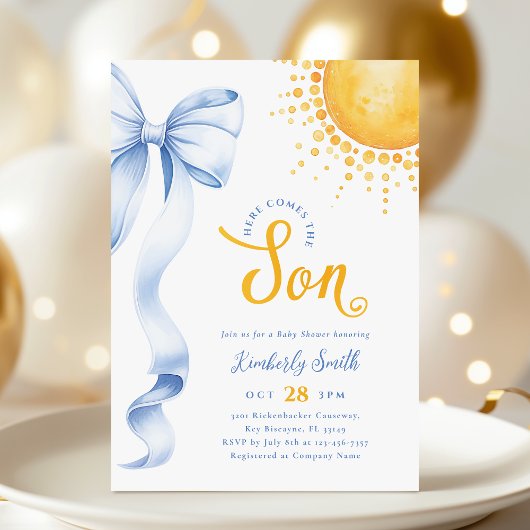 Blue Bow Sun Baby Shower Invitation 招待状
