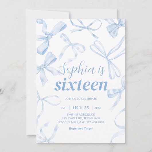 Blue Bow Sweet 16th Birthday Party 招待状 (正面)