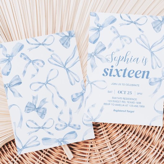 Blue Bow Sweet 16th Birthday Party 招待状