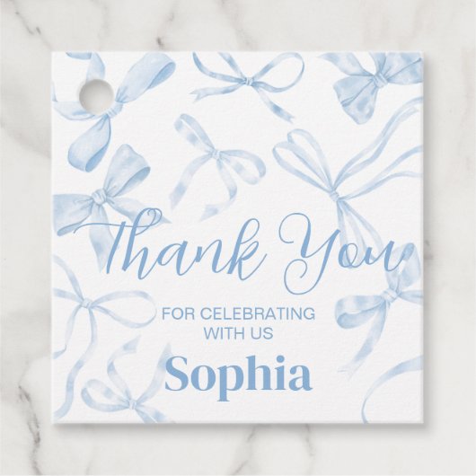 Blue Bow Sweet 16th Birthday Party Square フェイバータグ (正面)