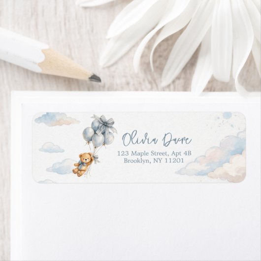 Blue Bow Teddy Bear Balloons Clouds Baby Boy ラベル (インサイチュ)