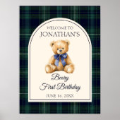 Blue Bow Teddy Bear Birthday Welcome Sign ポスター (正面)