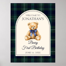 Blue Bow Teddy Bear Birthday Welcome Sign ポスター