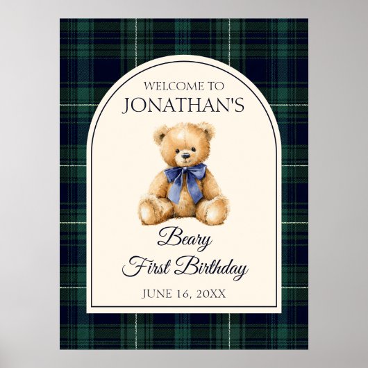 Blue Bow Teddy Bear Birthday Welcome Sign ポスター (正面)