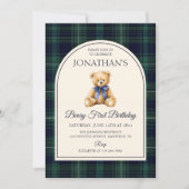 Blue Bow Teddy Bear Tartan Birthday 招待状 (正面)