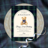 Blue Bow Teddy Bear Tartan Birthday 招待状