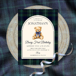 Blue Bow Teddy Bear Tartan Birthday 招待状