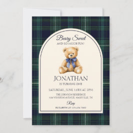 Blue Bow Teddy Bear Tartan Birthday 招待状