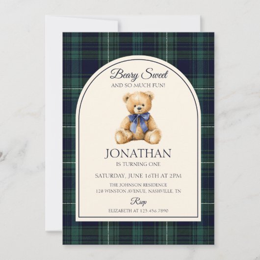 Blue Bow Teddy Bear Tartan Birthday 招待状 (正面)