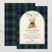 Blue Bow Teddy Bear Tartan Birthday 招待状 (正面/裏面)