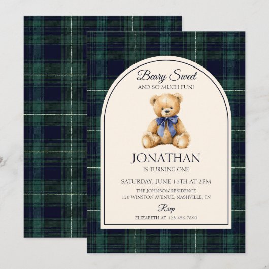 Blue Bow Teddy Bear Tartan Birthday 招待状 (正面/裏面)