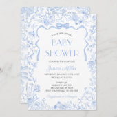 Blue Bow Toile De Jouy Boy Baby Shower 招待状 (正面/裏面)