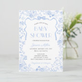 Blue Bow Toile De Jouy Boy Baby Shower 招待状 (スタンド正面)