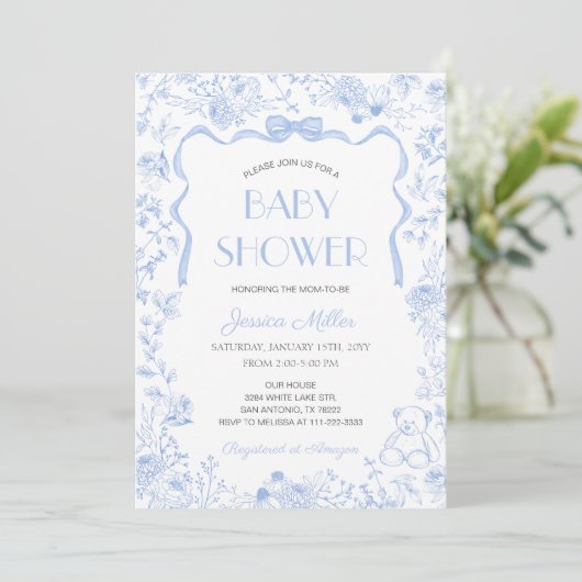 Blue Bow Toile De Jouy Boy Baby Shower 招待状 (スタンド正面)