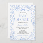 Blue Bow Toile De Jouy Boy Baby Shower 招待状 (正面/裏面)