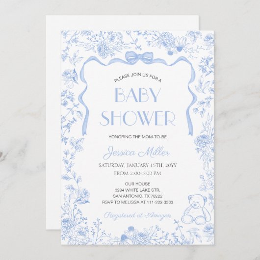 Blue Bow Toile De Jouy Boy Baby Shower 招待状 (正面/裏面)